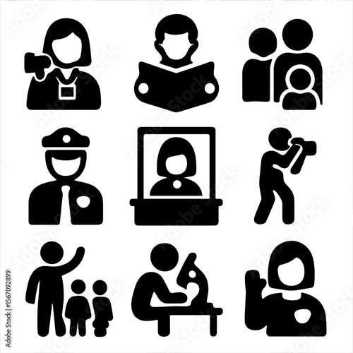 Museum Icons Grid. Solid, filled icon set of museum visitors and staff: tour guide, visitor with map, family group, security guard