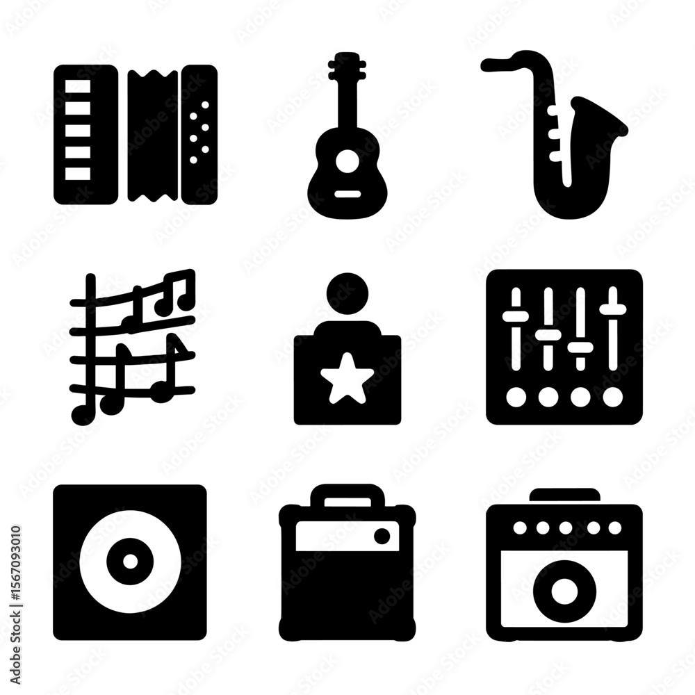 Musical Icon Grid. Solid, filled icon set of musical terms starting with A: accordion, acoustic guitar, alto saxophone, arpeggio,
