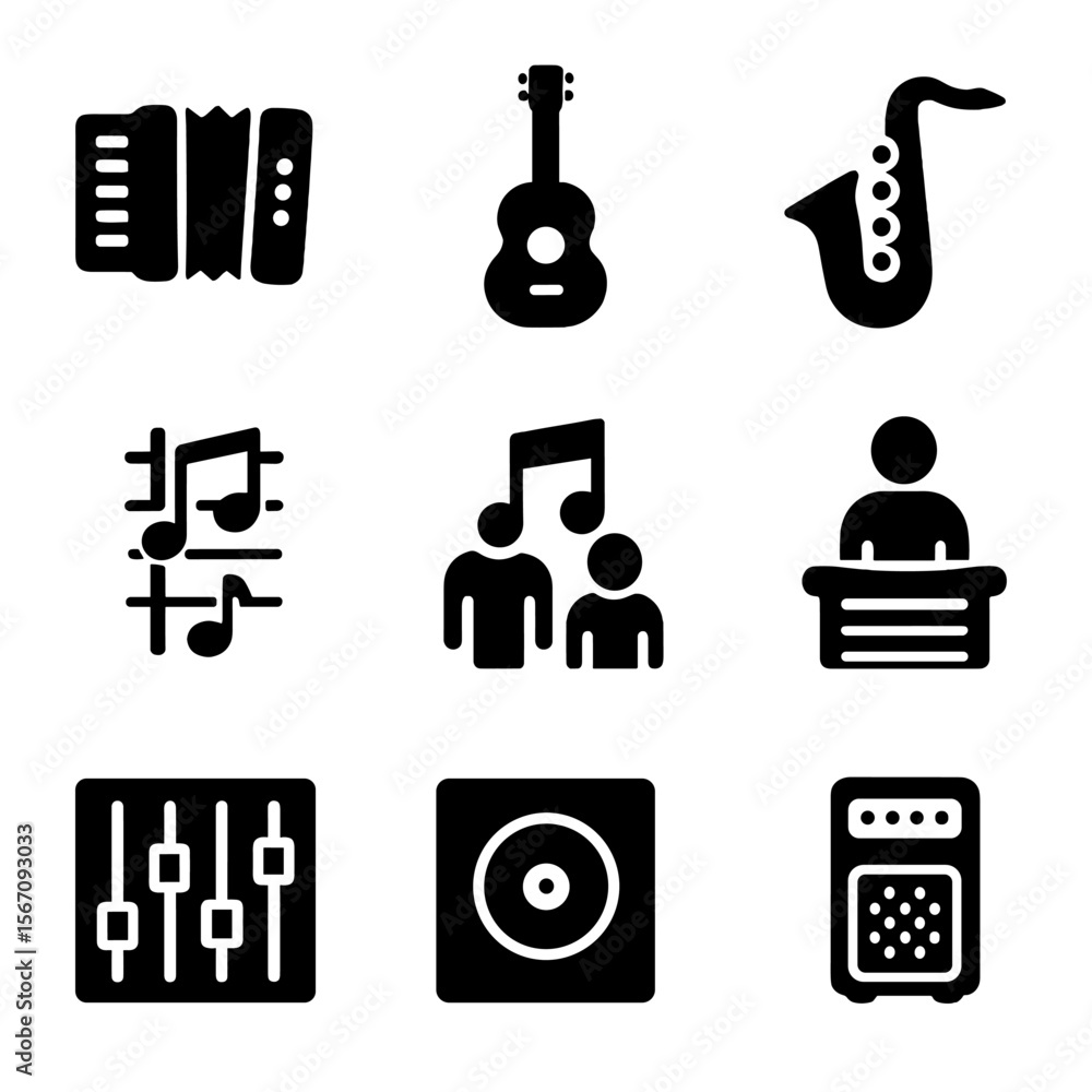 Musical Icon Grid. Solid, filled icon set of musical terms starting with A: accordion, acoustic guitar, alto saxophone, arpeggio,