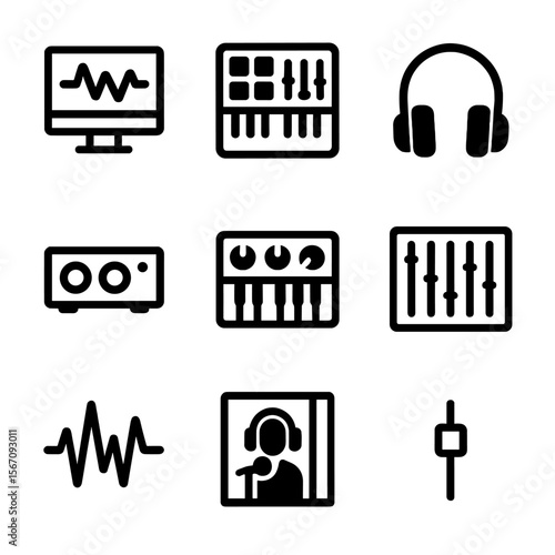 Music Production Icon Set. Solid, filled icon set of music production tools: DAW software, MIDI controller, headphones, audio