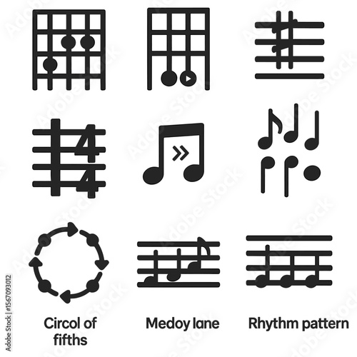 Music Theory Icons. Solid, filled icon set of music theory: scale diagram, chord chart, key signature, time signature, intervals,