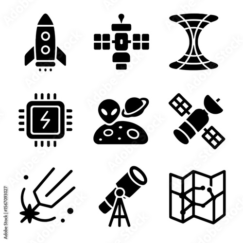 Space Icon Set. Solid, filled icon set of space exploration concepts: spaceship, space station, wormhole travel, quantum drive,