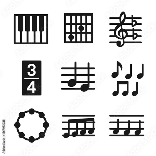 Music Theory Icons. Solid, filled icon set of music theory: scale diagram, chord chart, key signature, time signature, intervals,