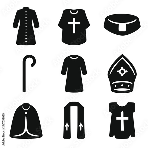 Religious Garments Icons. Solid, filled icon set of historical religious garments: medieval cassock, gothic chasuble, Roman collar