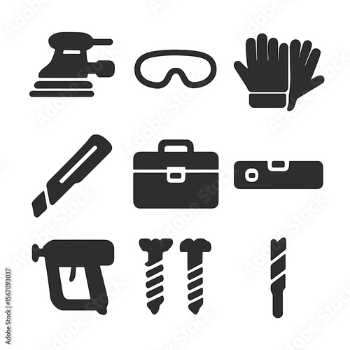 Home Renovation Tools. Solid, filled icons set of home renovation tools: electric sander, safety goggles, work
