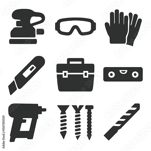 Home Renovation Tools. Solid, filled icons set of home renovation tools: electric sander, safety goggles, work