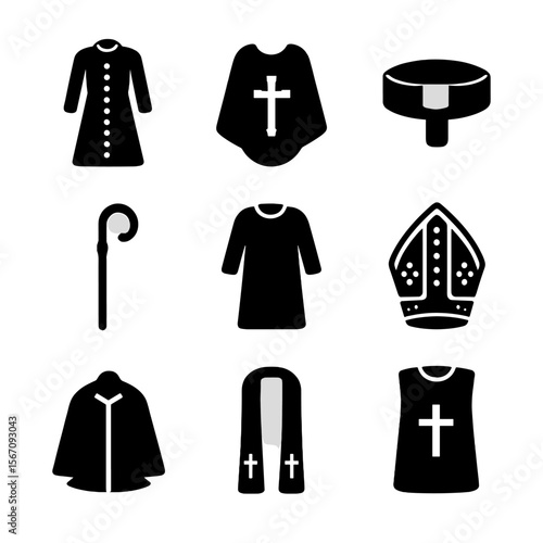 Religious Garments Icons. Solid, filled icon set of historical religious garments: medieval cassock, gothic chasuble, Roman collar