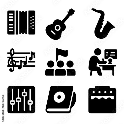 Musical Instruments Icons. Solid, filled icon set of musical terms starting with A: accordion, acoustic guitar, alto saxophone,