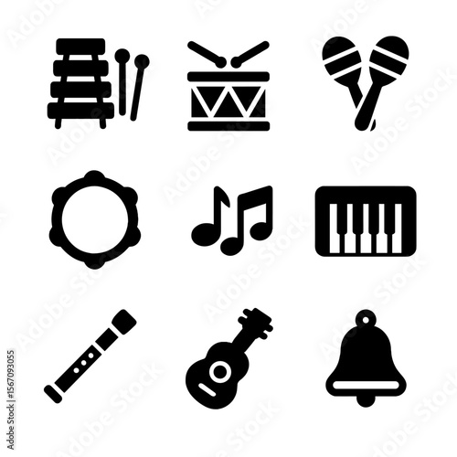 Musical Toy Icons. Solid, filled icon set of musical toys: xylophone, drum, maracas, tambourine, keyboard, recorder, music notes,