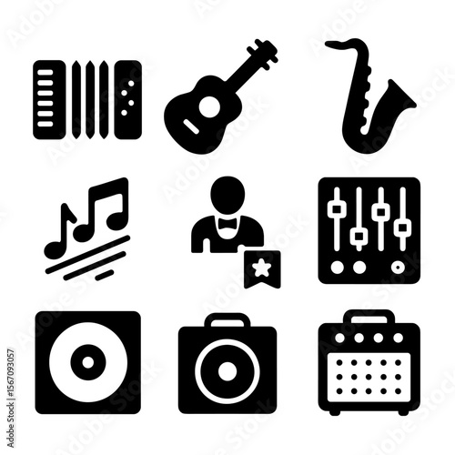 Musical Instruments Icons. Solid, filled icon set of musical terms starting with A: accordion, acoustic guitar, alto saxophone,