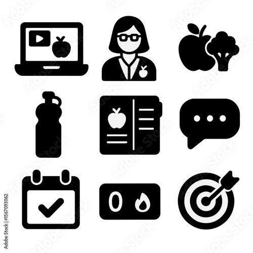 Remote Nutrition Icons. Solid, filled icon set of remote nutrition education: laptop with presentation, dietitian avatar, healthy