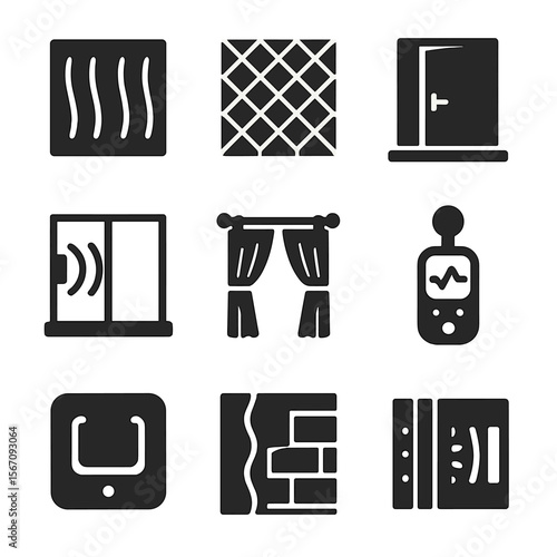Home Soundproofing Icons. Solid, filled icons set of soundproofing home spaces: acoustic panel, foam tile,