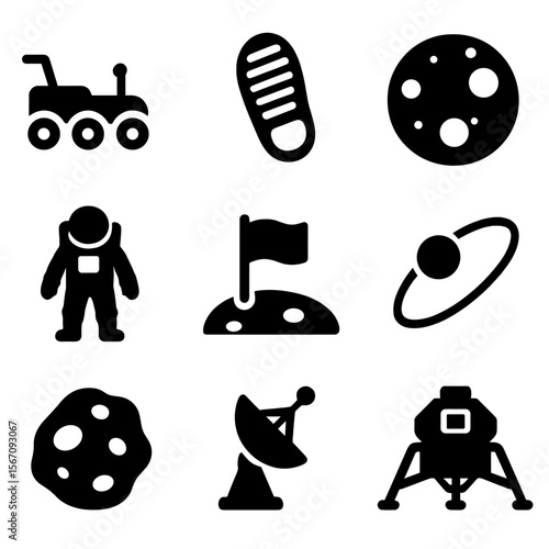 Space Exploration Icons. Solid, filled icon set of space exploration and the moon: lunar rover, astronaut boot print, moon surface