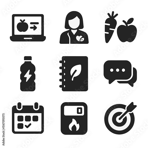 Remote Nutrition Icons. Solid, filled icon set of remote nutrition education: laptop with presentation, dietitian avatar, healthy