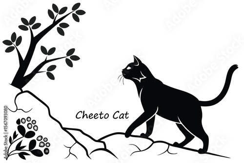 Silhouette of a Black Cat on a Branch with Leaves and Berries