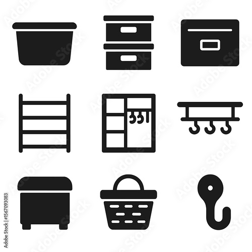 Home Storage Icons. Solid, filled icons set of home storage solutions: plastic bin, stackable box, labeled