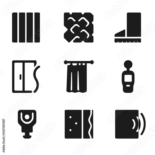 Home Soundproofing Icons. Solid, filled icons set of soundproofing home spaces: acoustic panel, foam tile,