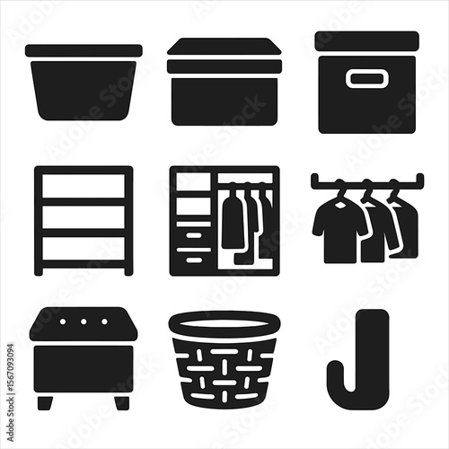 Home Storage Icons. Solid, filled icons set of home storage solutions: plastic bin, stackable box, labeled