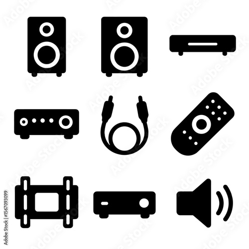Home Theater Icons. Solid, filled icons set of installing a new home theater sound system: speaker, subwoofer,