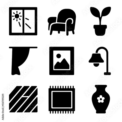 Renovated Room Icons. Solid, filled icon set of renovated room ambiance: sunlight through window, cozy chair, potted plant,