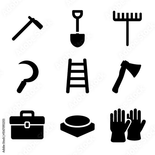 Homestead Tools Icons. Solid, filled icons set of homestead tools and equipment: hand hoe, shovel, rake,