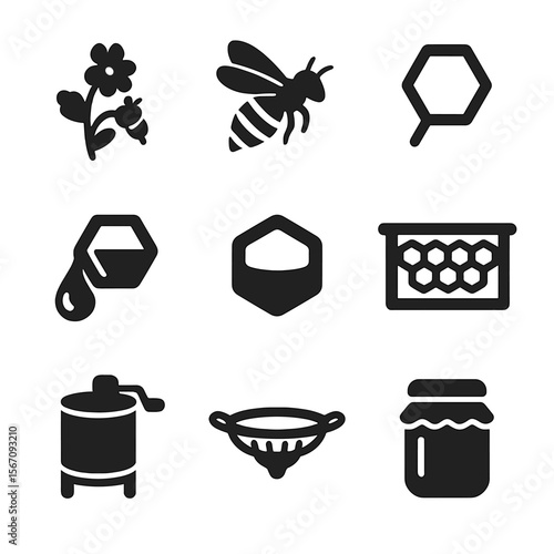 Honey Production Icons. Solid, filled icons set of honey production stages: nectar collection, bee flight, wax
