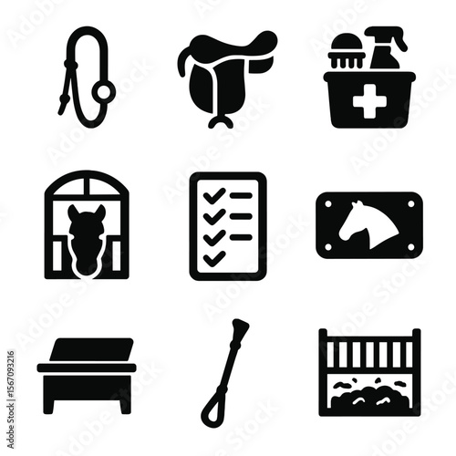 Horse Stable Icon Set. Solid, filled icons set of horse stables and tack room: bridle rack, saddle hook,