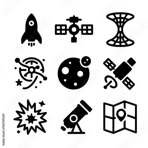 Space Icon Set. Solid, filled icon set of space exploration concepts: spaceship, space station, wormhole travel, quantum drive,