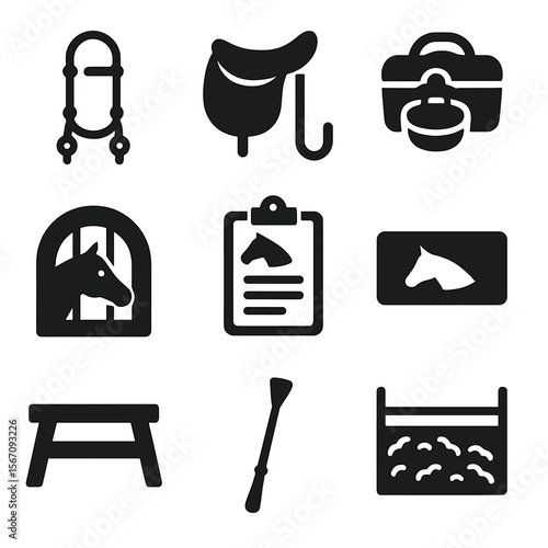 Horse Stable Icon Set. Solid, filled icons set of horse stables and tack room: bridle rack, saddle hook,