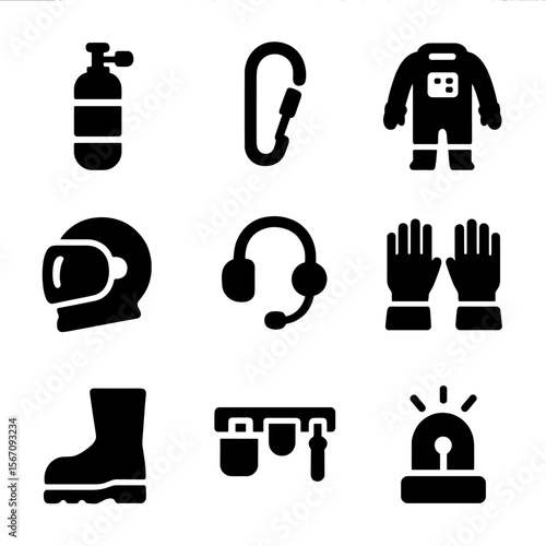 Spacewalk Safety Gear Icons. Solid, filled icon set of spacewalk safety gear: oxygen tank, tether clip, pressure suit, helmet
