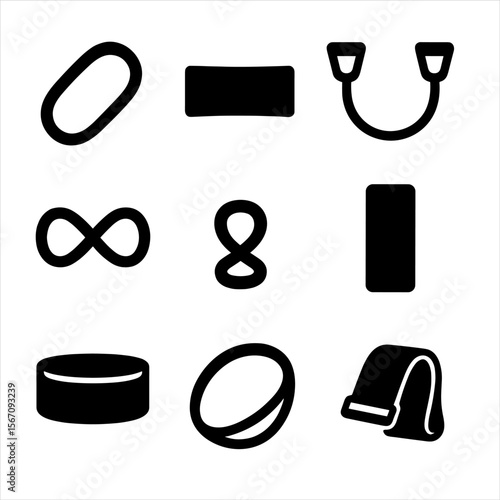 Resistance Bands Icons. Solid, filled icon set of resistance bands types: loop band, flat band, tube band with handles,
