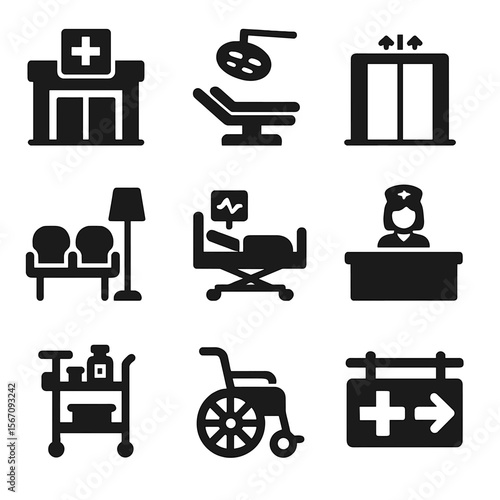 Hospital Infrastructure Icons. Solid, filled icons set of hospital infrastructure: ER entrance, surgery room,