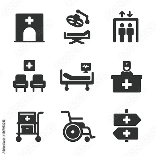 Hospital Infrastructure Icons. Solid, filled icons set of hospital infrastructure: ER entrance, surgery room,