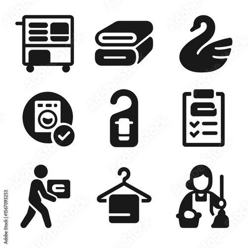 Hotel Towel Icons. Solid, filled icons set of hotel towel service: room towel cart, folded hotel towel, towel