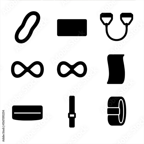 Resistance Bands Icons. Solid, filled icon set of resistance bands types: loop band, flat band, tube band with handles,
