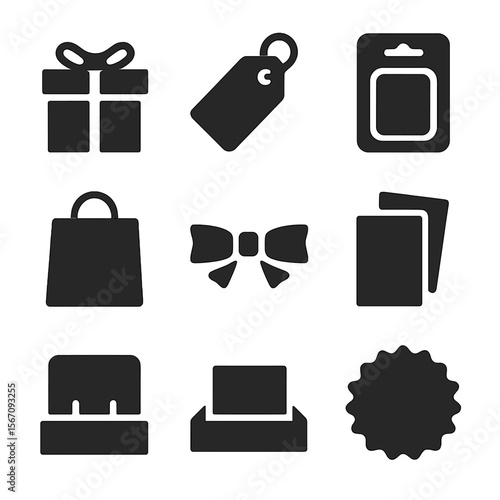 Retail Packaging Icons. Solid, filled icon set of retail product packaging: gift box, hang tag, clear clamshell, window box,