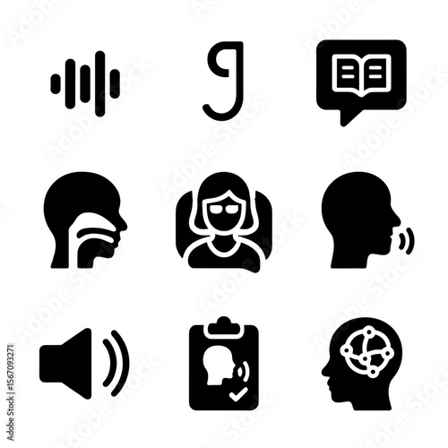 Speech Therapy Icons. Solid, filled icon set of speech therapy symbols: sound wave, phoneme, language symbol, articulation chart,