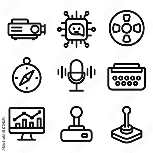 Retro Tech Icons. Solid, filled icon set of old-school gadgets and AI integration: slide projector, AI interface, reel-to-reel