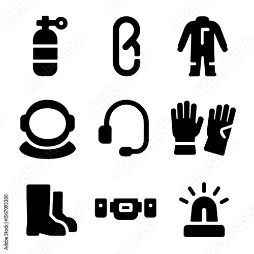 Spacewalk Safety Gear Icons. Solid, filled icon set of spacewalk safety gear: oxygen tank, tether clip, pressure suit, helmet