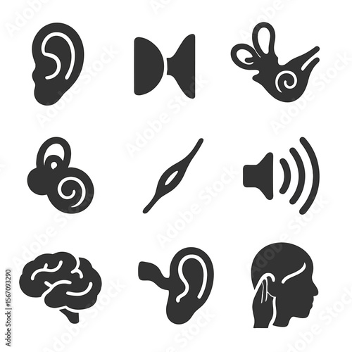 Human Hearing Icons. Solid, filled icons set of human hearing process: ear diagram, eardrum, inner ear,
