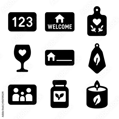 Housewarming Gift Icons. Solid, filled icons set of housewarming gifts: address sign, welcome mat, custom