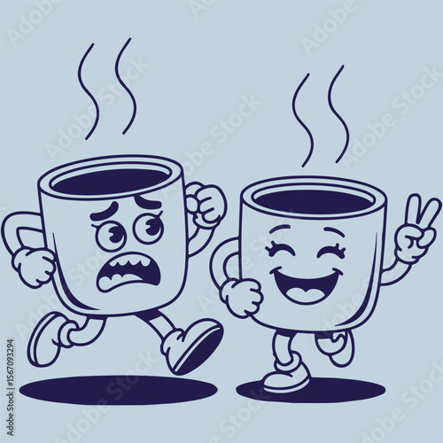 Funny Cartoon Coffee Mugs with Faces Running and Smiling
