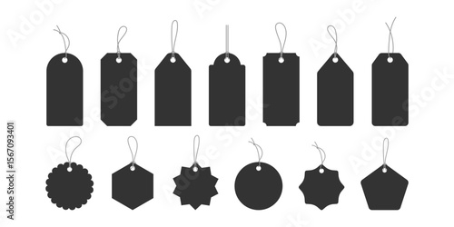 Vector collection of hanging label tags in different forms. Geometric hang label set. Simple silhouette label for retail, holiday, product design, packaging, gift tag, sale, pricing, discount, 