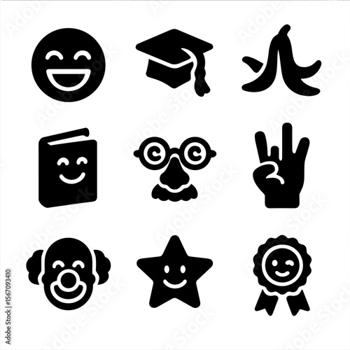 Humorous Icon Collection. Solid, filled icons set of funny end-of-year certificates: laughing emoji, quirky