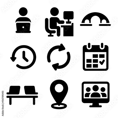 Hybrid Team Icon Set. Solid, filled icons set of hybrid team models: remote worker icon, office worker icon,