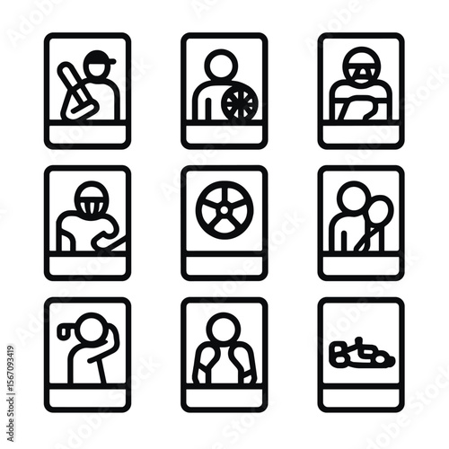 Sports Card Icon Set. Solid, filled icon set of sports trading card types: baseball card, basketball card, football card, hockey