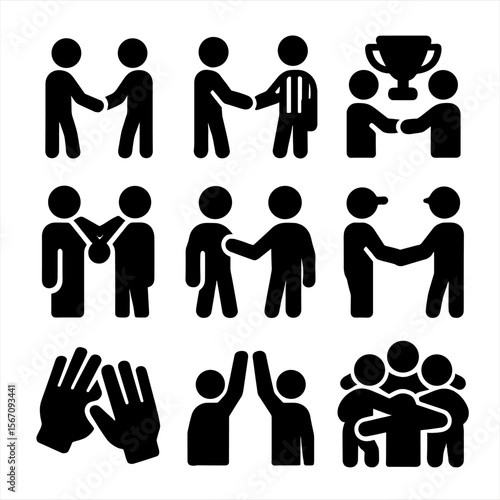 Sportsmanship Icon Set. Solid, filled icon set of handshake in sports: team handshake, referee handshake, trophy exchange, medal