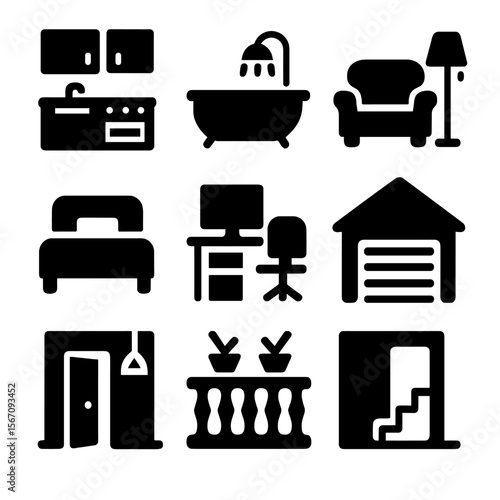Room Cleaning Icons. Solid, filled icon set of cleaning rooms: kitchen, bathroom, living room, bedroom, office, garage, hallway,