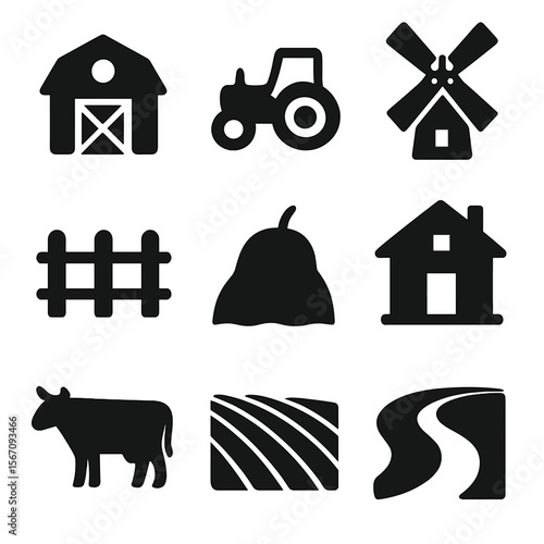 Rural Landscape Icons. Solid, filled icon set of rural landscape: barn, tractor, windmill, fence, haystack, farmhouse, cow, field,