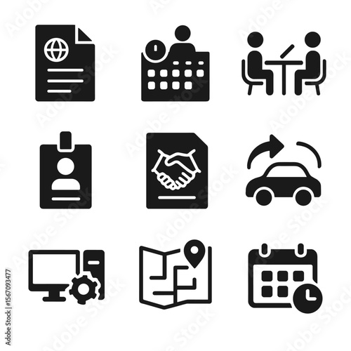 Hybrid Workplace Icons. Solid, filled icons set of hybrid workplace policies and logistics: remote policy doc,